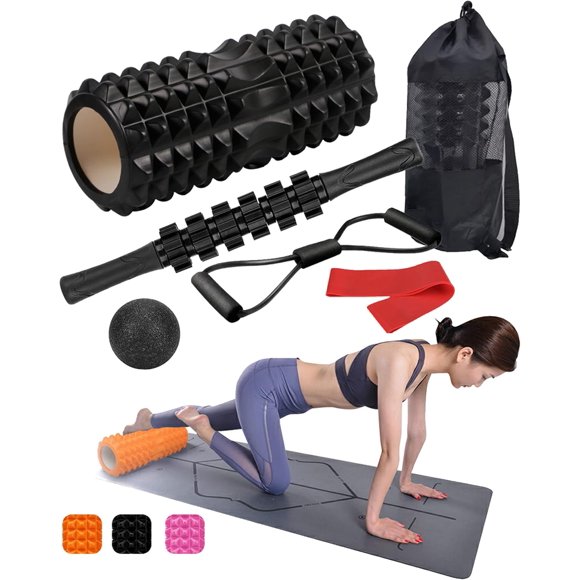 shiyou-Foam Roller Set Includes Hollow Core Massage Roller,Muscle Roller Stick,Massage Ball,Stretching Strap,Exercise Resistance Bands, Storage Bag,for Deep Tissue Massage, Pain Relief of Back, Legs,