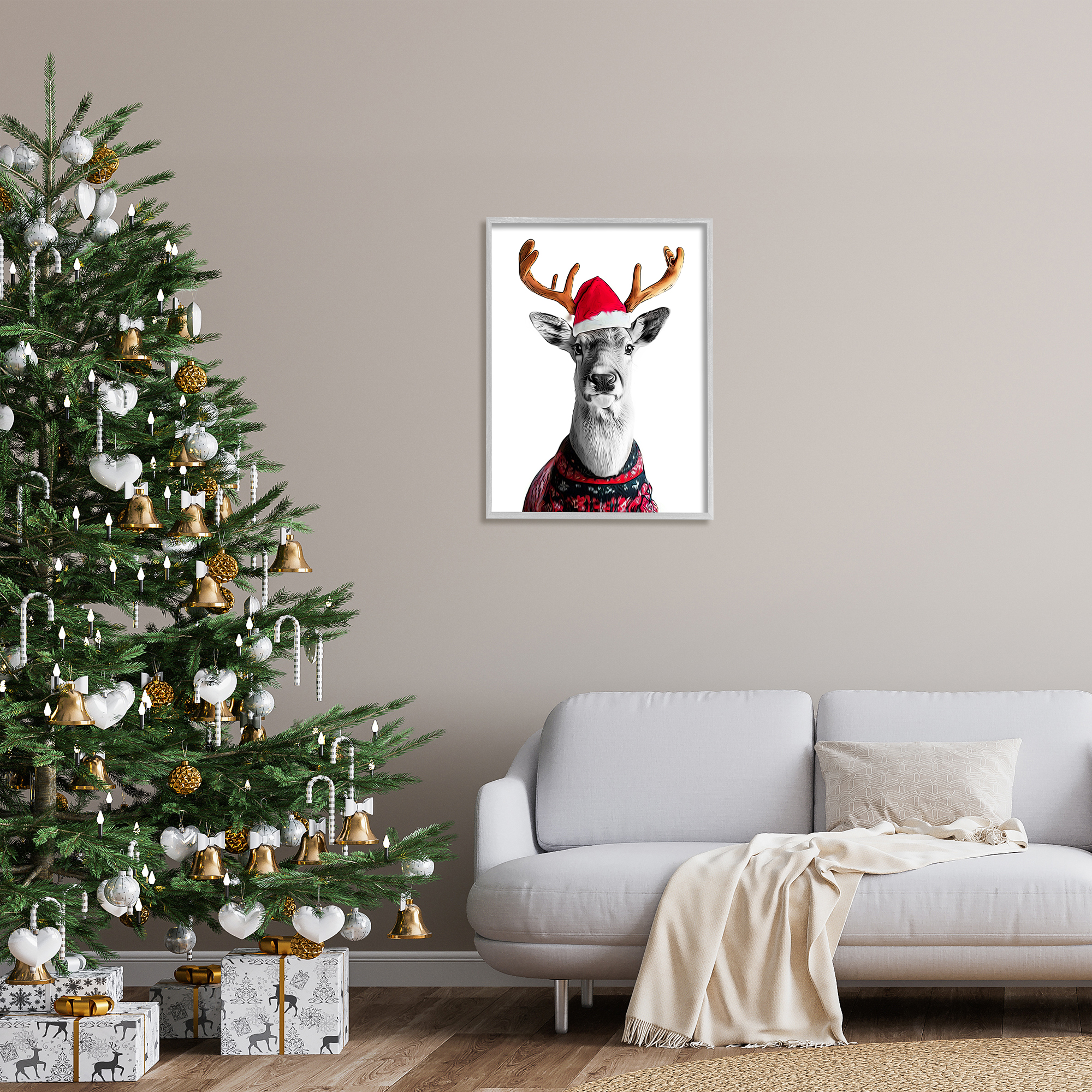 Stupell Industries Deer in Holiday Sweater Holiday Painting Gray Framed Art Print Wall Art, 24 x 30