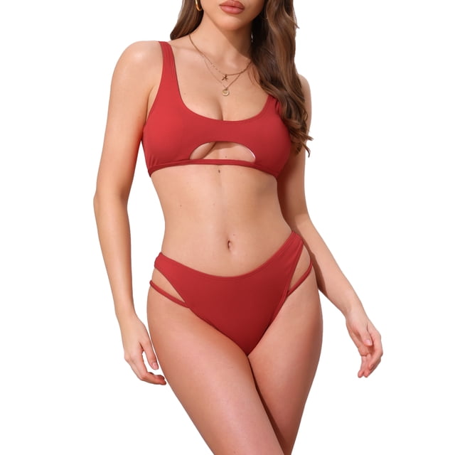 INSPIRAR CHIC Conjuntos de Bikini de Corte con Espalda al Descubierto para Mujeres de 2 Piezas, Top de Cuello Redondo y Parte Inferior en Triángulo, Trajes de Baño en Rojo Mediano