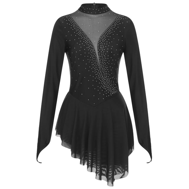zdhoor Robe de Patinage Artistique pour Femmes Costume de Compétition de Danse Robe à Manches Longues en Maille Transparente Patchwork Noir P