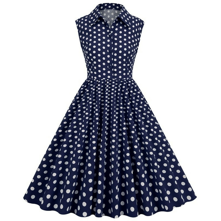 blue 60s dress Brglopf Women 50s 60s Vintage Dress Sleeveless Lapel Cocktail A Line Swing Dress 1950s Polka Dot Audrey Rockabilly Prom Party Dresses Navy Blue L,