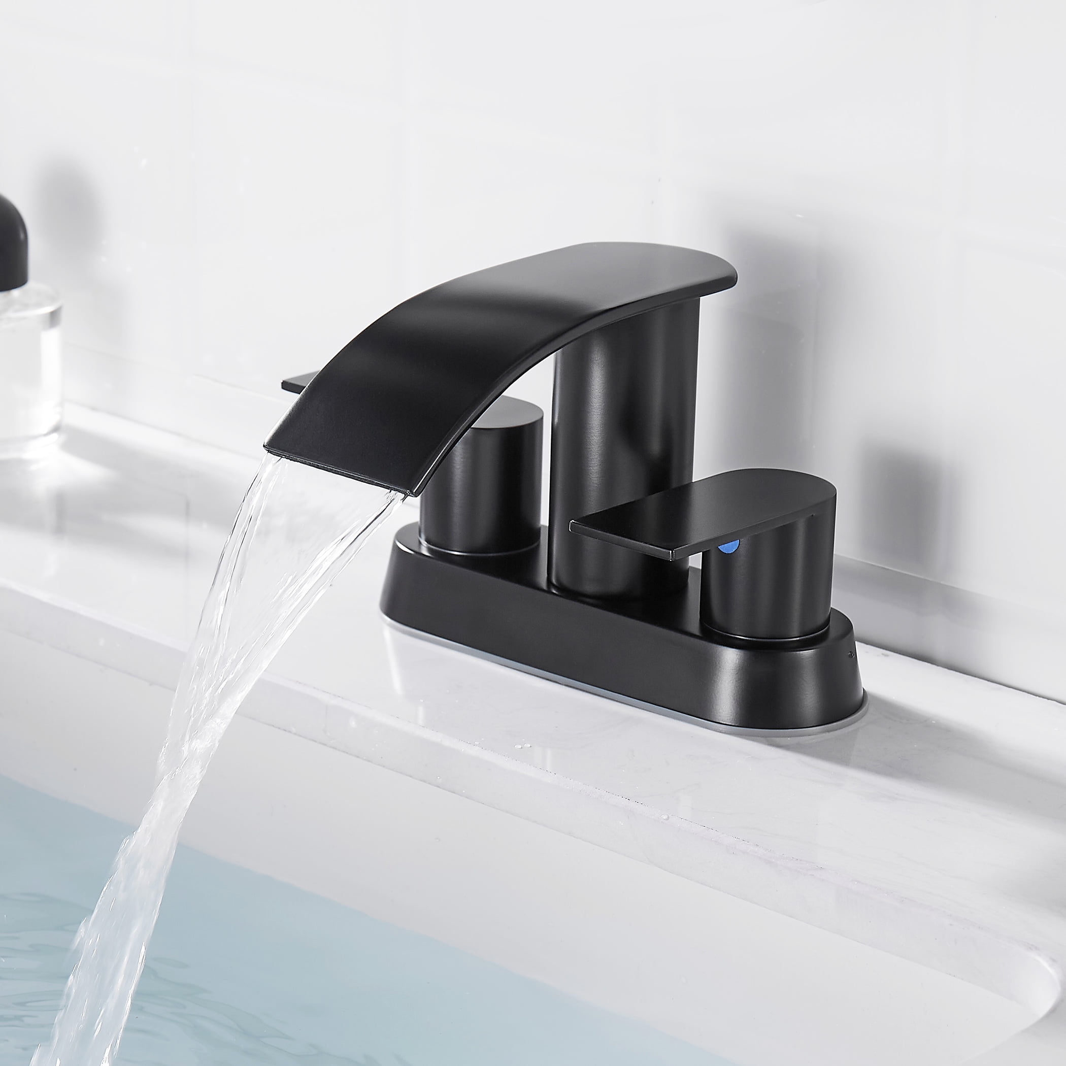 Kede Waterfall Bathroom Faucet Lavatory 2 Handle 3 Hole 4 Inch Bathroom Sink Faucet Washbasin Faucet with Deck and Pop-up Drain Black Centerset Bathroom Faucet