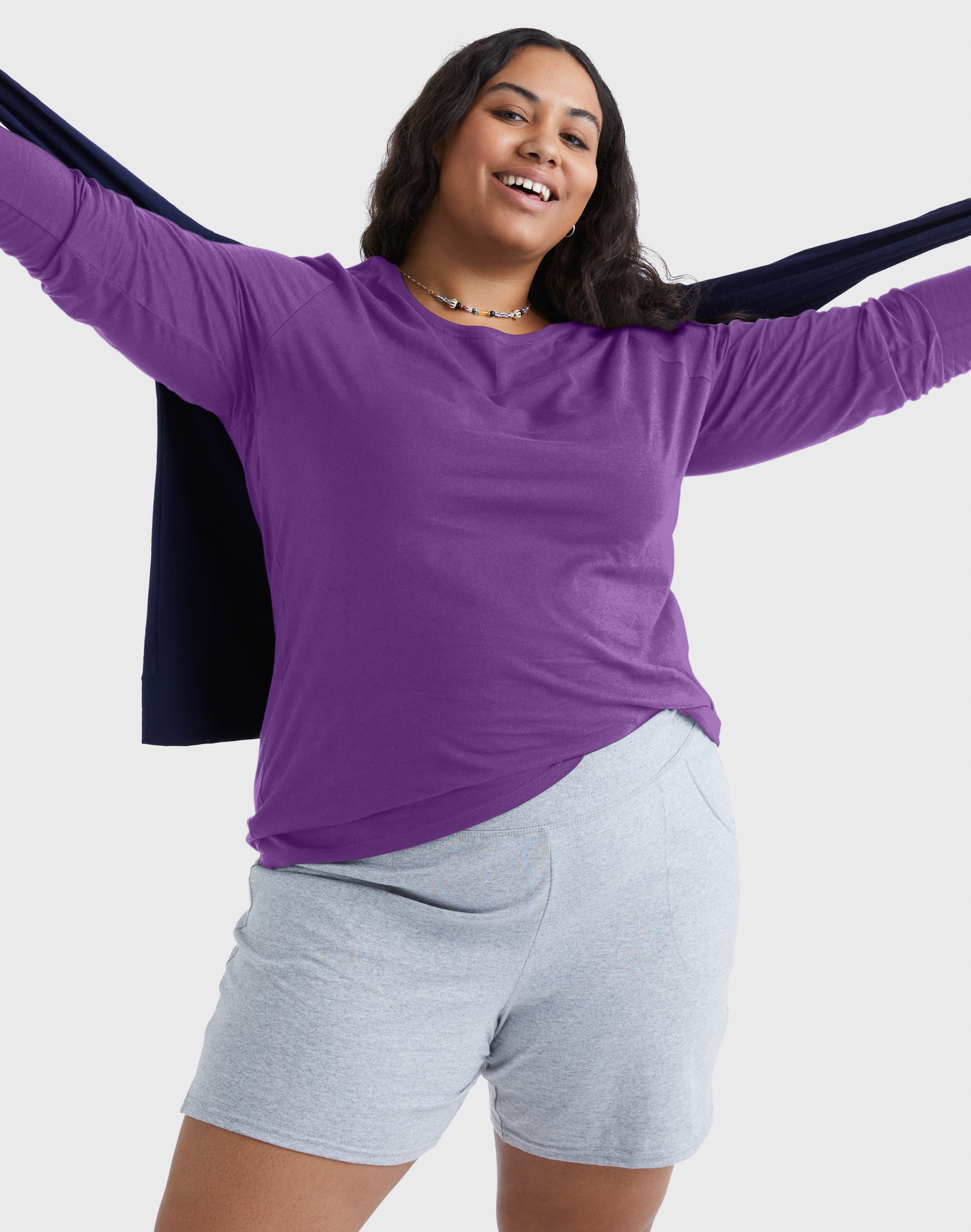 Hanes Women's Long Sleeve Scoop-Neck Cotton T-Shirt (Plus Size) Violet Splendor 2X