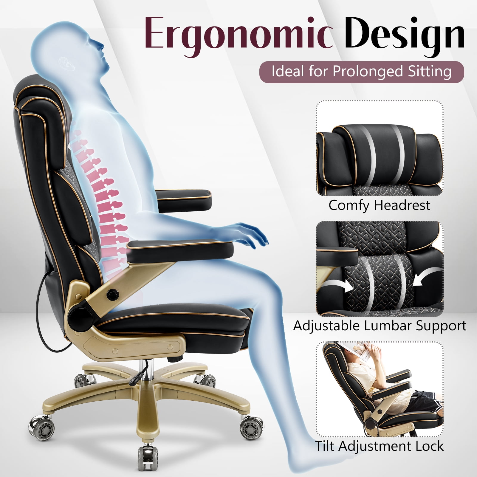 Falvinoryn Big and Tall Office Chair 500LBS, Ergonomic High Back Executive Office Chair, Adjustable Lumbar Support, Flip Arms, Locking Wheels Large Computer Desk Chair, Black