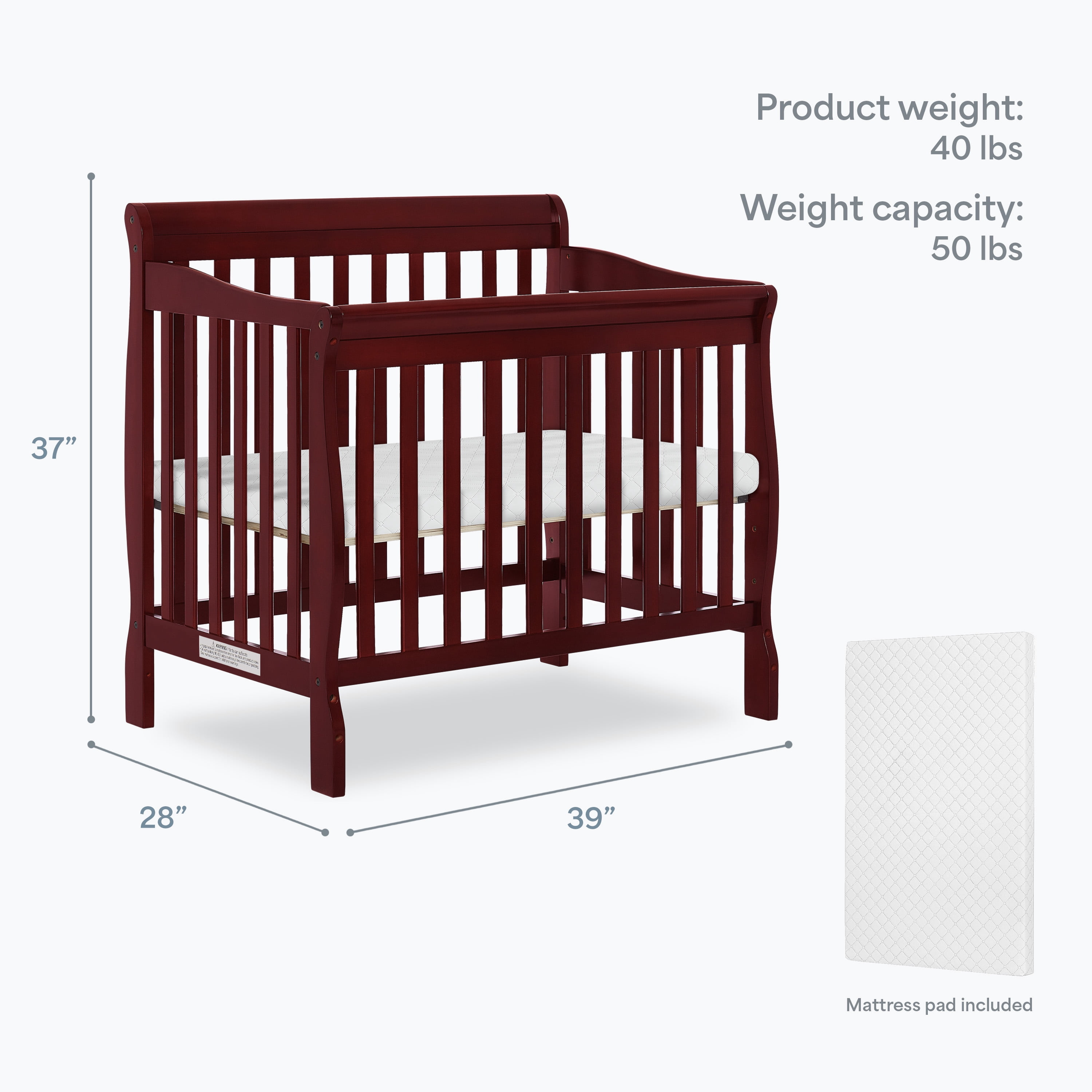 Dream On Me Aden 4-in-1 Convertible Mini Crib In Cherry, Greenguard Gold Certified