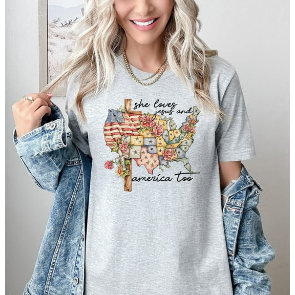 Moonlight Apparel She Loves Jesus and America Too Shirt Patriotic Christian T Shirt for Women Floral USA Map Multicolor Graphic Tee Black Casual Faith Based Top