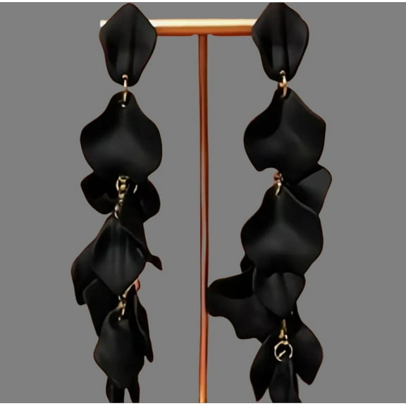 Pierced 5" Xlong gold chain and black flower petal dangle earrings