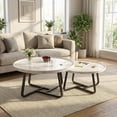thumbnail image 3 of 2-Piece Round Nesting Coffee Table Set, Mid-Century Modern Side Tables with Walnut & White Marble Finish, Easy Assembly for Living Room, Bedroom, 3 of 5