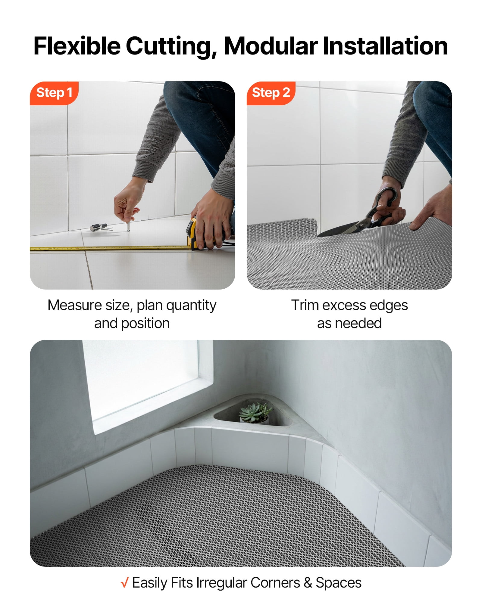 VEVOR Drainage Mat, 3 x 10 ft, PVC Non Slip Commercial Floor Mat, Wet Area Water Drain Splash Matting Hollow Doormat Roll, for Outdoor Indoor Restaurant Swimming Pool Patio Bathroom Washroom, Gray