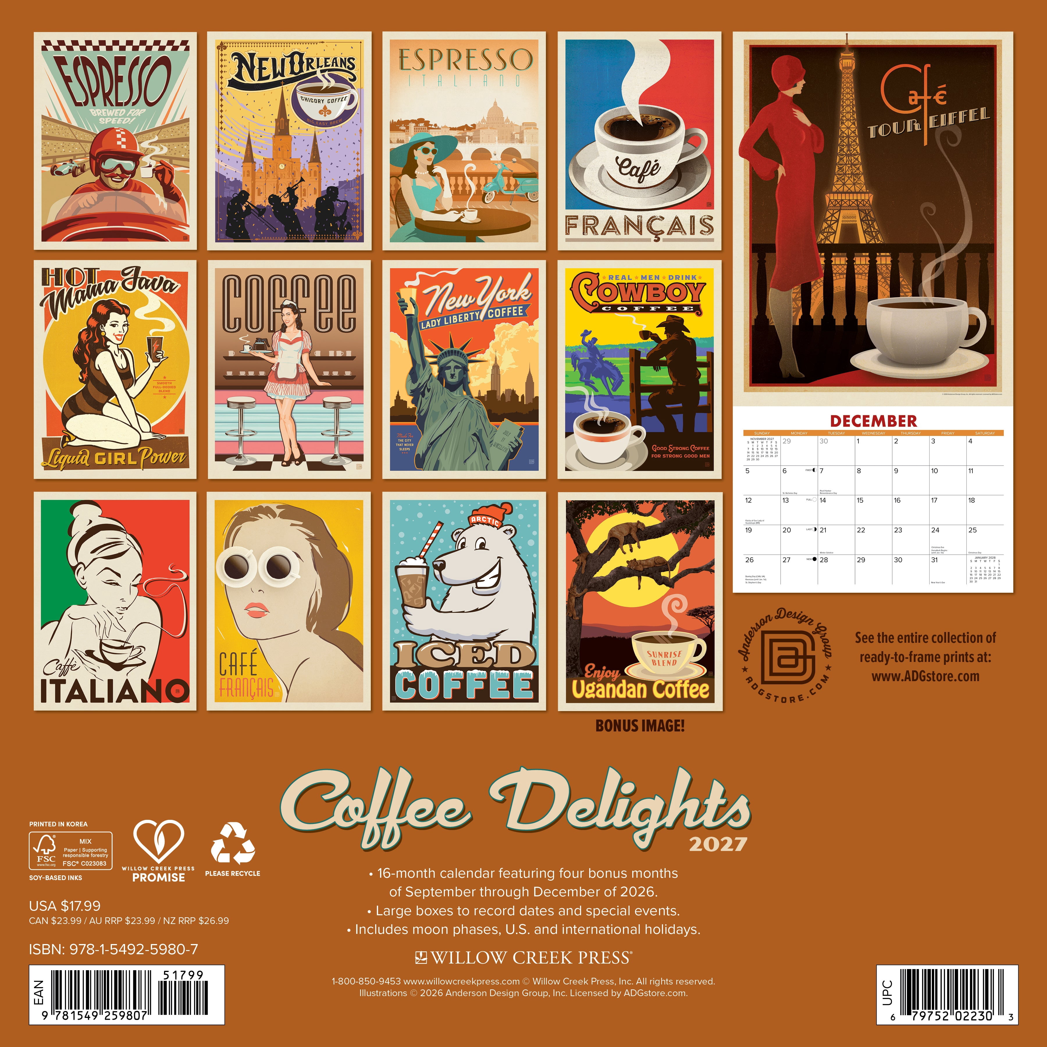 Willow Creek Press, Coffee Delights (Anderson Design Group) 2027 Wall Calendar