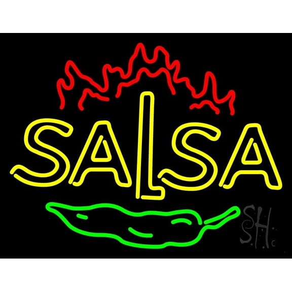 Double Stroke Salsa LED Neon Sign 24 x 31 - inches, Black Square Cut Acrylic Backing, with Dimmer - Bright and Premium built indoor LED Neon Sign for restaurant window and interior decor.