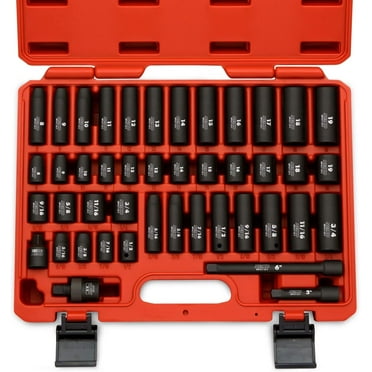 NEIKO 02440A 3/8-Inch-Drive Impact Socket Set, SAE Sizes 5/16" to 3/4" and Metric Sizes 8 mm to 19 mm, Includes Extension Bars and U-Joint, 44 Pieces