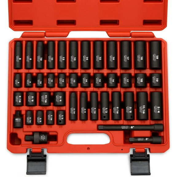 NEIKO 02440A 3/8-Inch-Drive Impact Socket Set, SAE Sizes 5/16" to 3/4" and Metric Sizes 8 mm to 19 mm, Includes Extension Bars and U-Joint, 44 Pieces