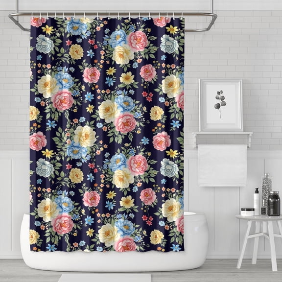 Pioneer Flower Floral Print Pattern Modern Waterproof Shower Curtain Set with 12 Hooks, Washable Decorative Bathroom Shower Curtain