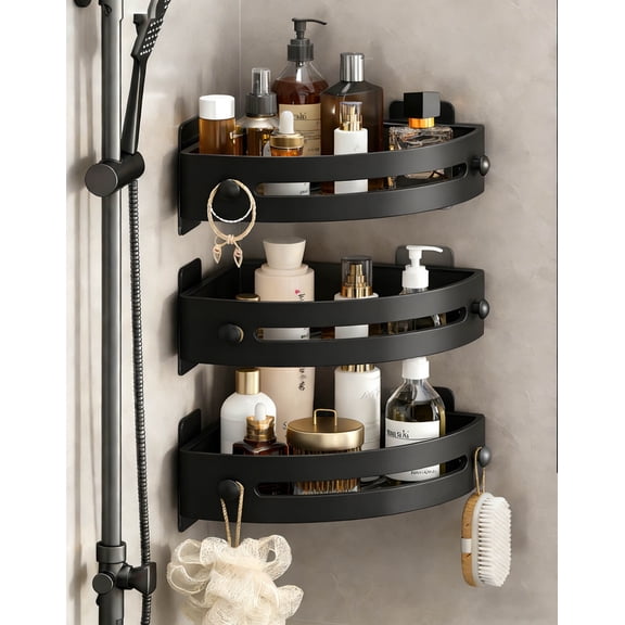 3-Tier Corner Shower Shelf No Drilling Adhesive Wall Mounted Bathroom Organizer, Self-Adhesive Drill-Free Bathroom Shower Caddy with Ventilated Quick-Dry Design & Strong Hold for Space Saving - Black