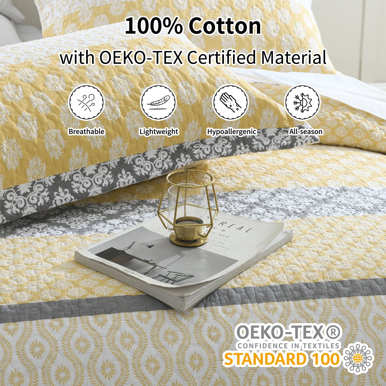 Bedduvit Quilt Bedspread for Queen Bed, 100% Cotton Gold Yellow Gray Floral Striped Reversible Quilts, Lightweight Farmhouse Summer Fall Printed Queen Quilt Comforter Set, 3-Piece 98"x90"