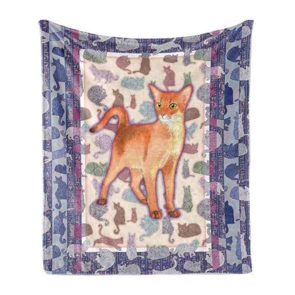 Animal Soft Flannel Fleece Throw Blanket, Cats Themed Framework Details Floral Ornaments and Tribal Stripes Pattern, Cozy Plush for Indoor and Outdoor Use, 70" x 90", Multicolor, by Ambesonne