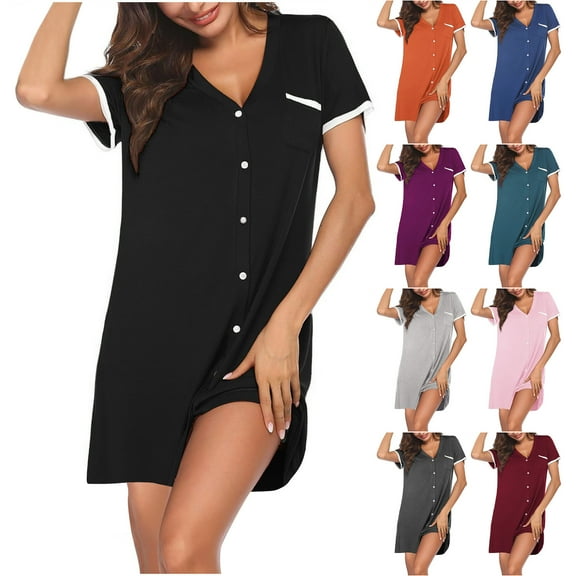 ZZwxWA Nightgowns for Women Button Down Sleepshirt Short Sleeve Nightshirt Dresses Boyfriend Pajamas V Neck Nightdress Sleepshirt Loungwear