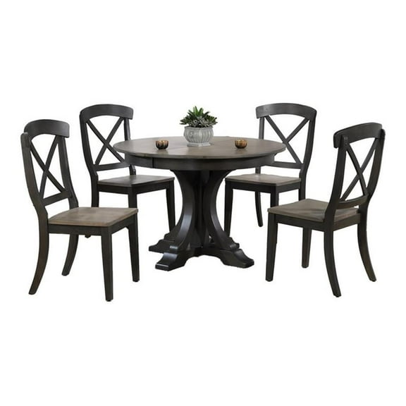 Art Deco Transitional X-Back Wood Dining Set in Gray & Black Stone 5-Piece Set