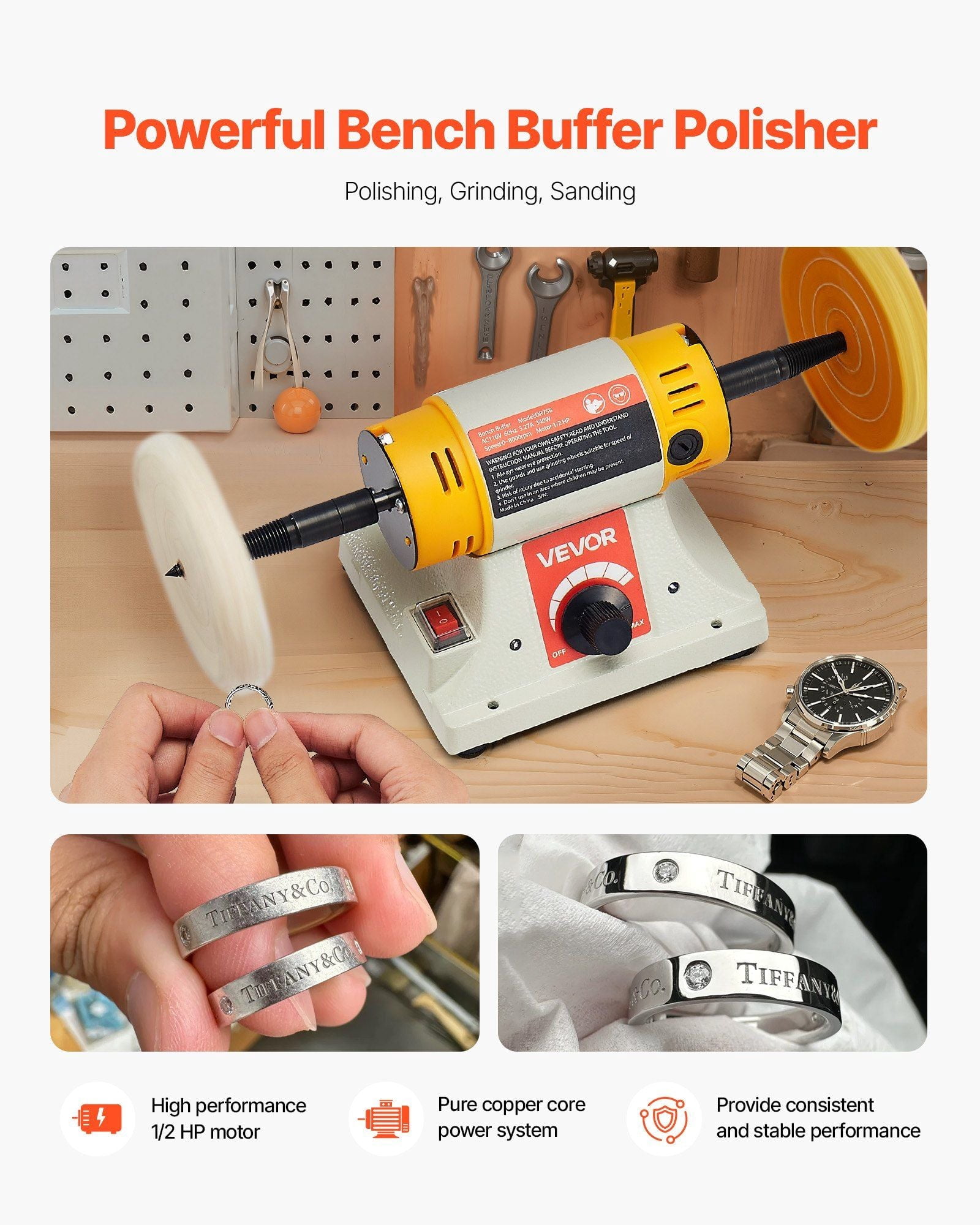 1/2HP Bench Buffer Polisher 0 to 8000RPM with 3-inch & 4-inch Wheels