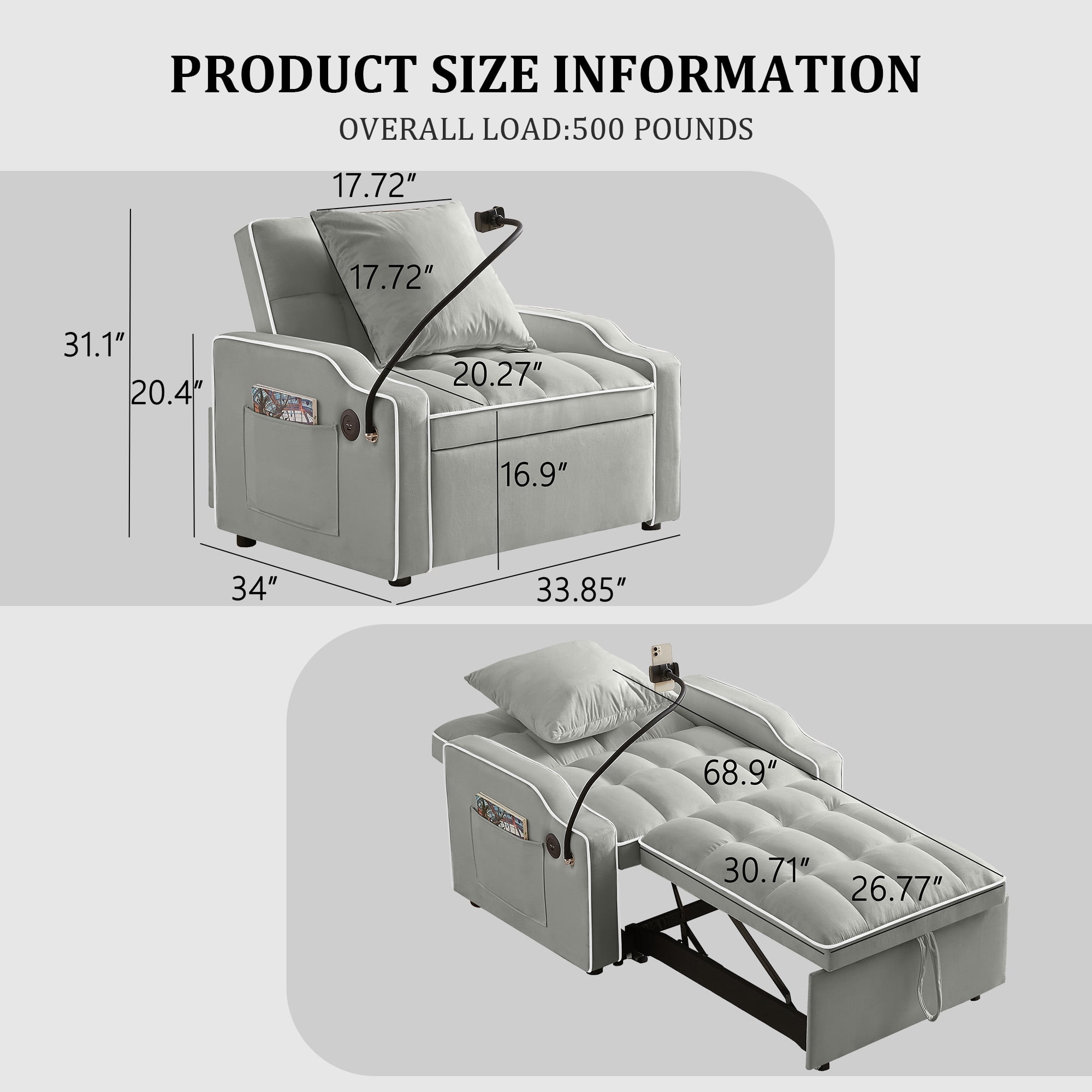 MOONMISS 3 in 1 Sleeper Sofa Chair Bed,Velvet Adjustable Recliner with Charge Ports&Phone Holder,Gray