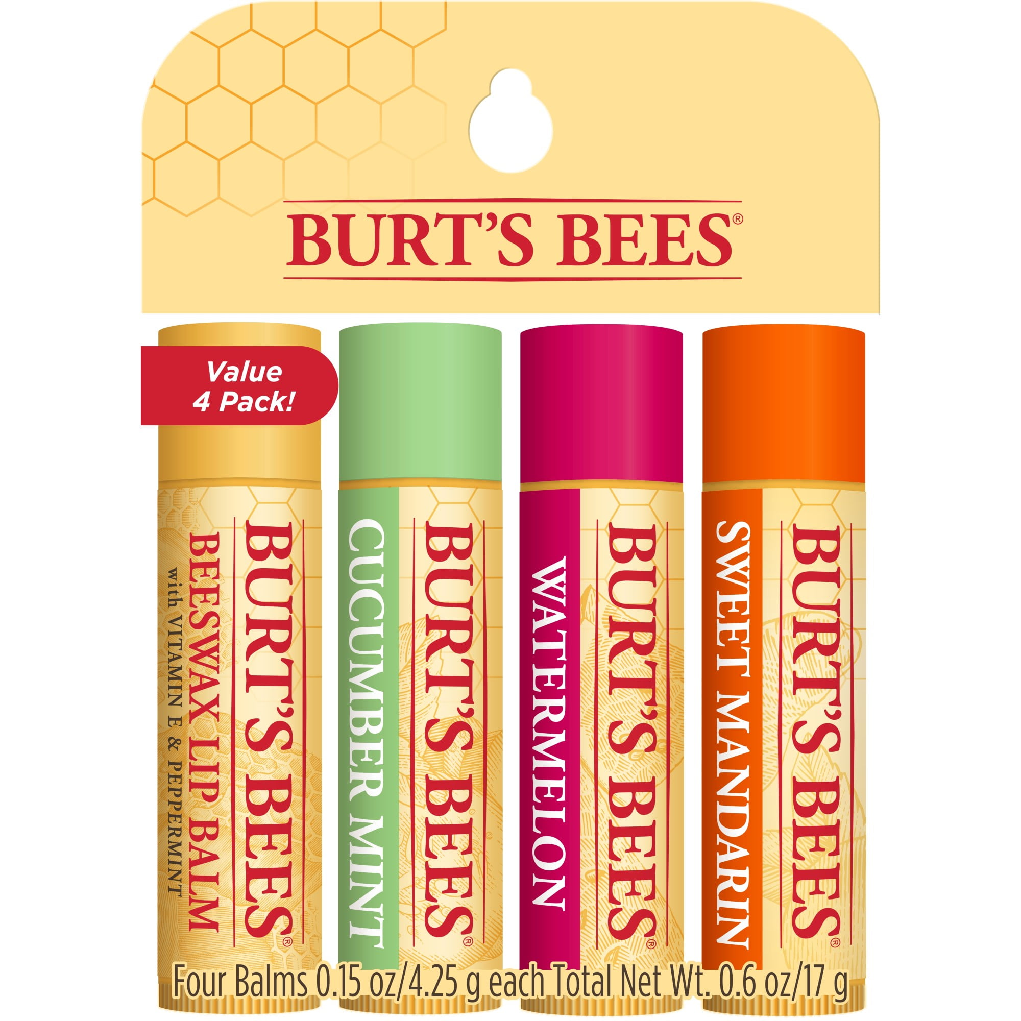 Burt's Bees 100% Natural Moisturizing Lip Balm, Freshly Picked Beeswax, Cucumber Mint, Watermelon, & Sweet Mandarin, 4 Tubes