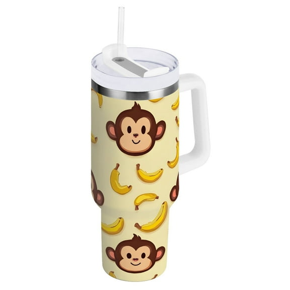 Ryvnso 40 oz Tumbler with Handle and Straw Cartoon Monkey Bananas Insulated Stainless Steel Travel Mug with Lid