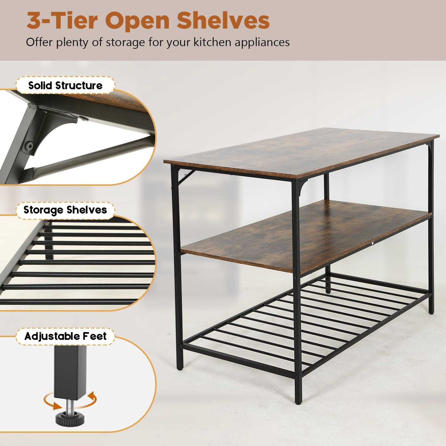 PayLessHere 3 Tier Kitchen Island with Top Solid Structure ,Brown, Dimensions: 47 in L x 25 in W x 37 in H