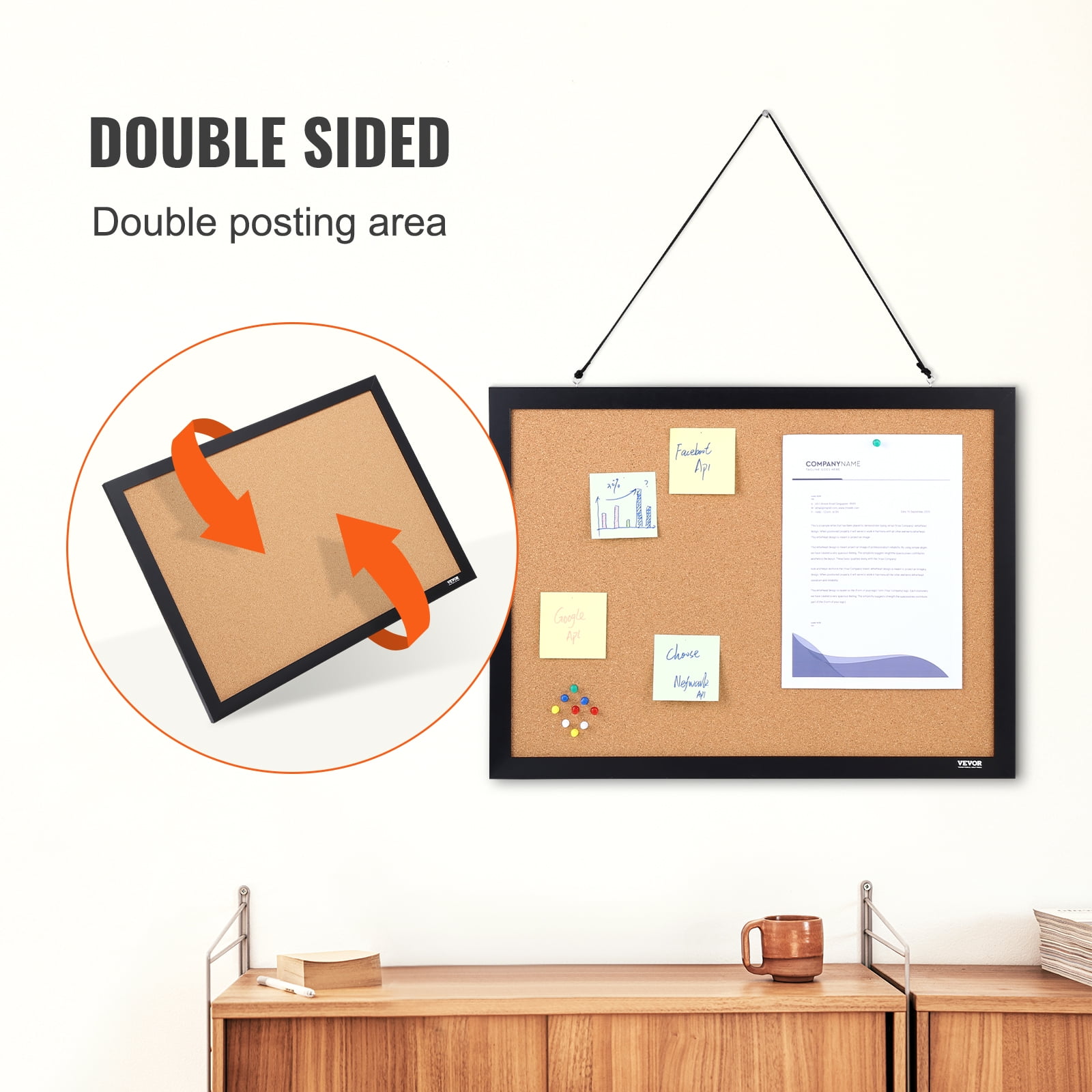 VEVOR Cork Board Bulletin Board 24" x 18" Notice Board Office Memo Board with MDF Sticker Frame Cork Bulletin Board Wall Mounted Board for Office Home and School with 10 Push Pins