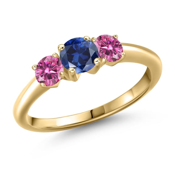 Gem Stone King 10K Yellow Gold Blue Created Sapphire and Pink Moissanite Engagement Ring for Women | 1.06 Cttw | Round 5MM | Gemstone September Birthstone | Size 6
