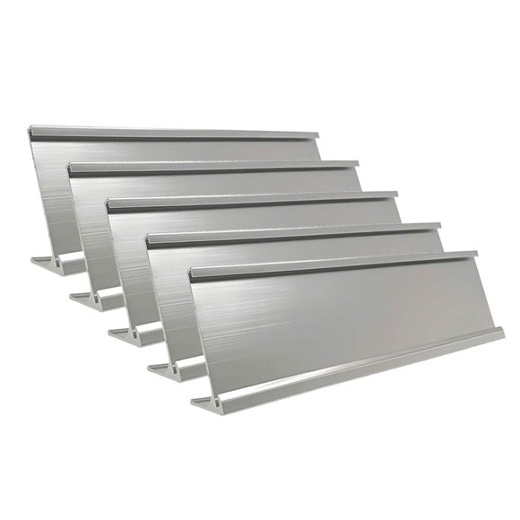 Soporte de escritorio para placa de nombre de aluminio, 2 "x 10", soporte para letreros de escritorio de oficina y negocios, paquete de 5 (plateado)