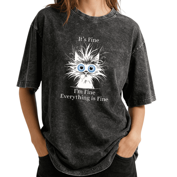 Vintage It's Fine I'm Fine Everything Is Fine Cat Meme Wash Print Tshirt S-2XL Acid Washed Black Graphic Tees Casual Shirts for Cat Mom Tops