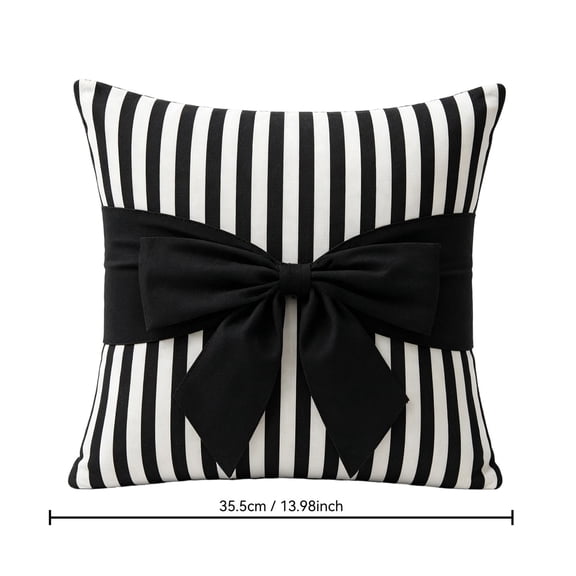 Black And White Striped Decorative Throw Pillow With Sewn On Bow 14 X 14 Inch Zipper Closure Filled Cushion For Sofa Bedroom Dorm Home Decor
