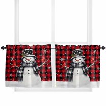Red Black Plaid Snowman Christmas Kitchen Curtain 2 Panels Tiers Curtains 24 Inch Length, Xmas Snowflake Birds Curtains Rod Pocket Curtains Window Drapes Treatment Window Cafe Curtains