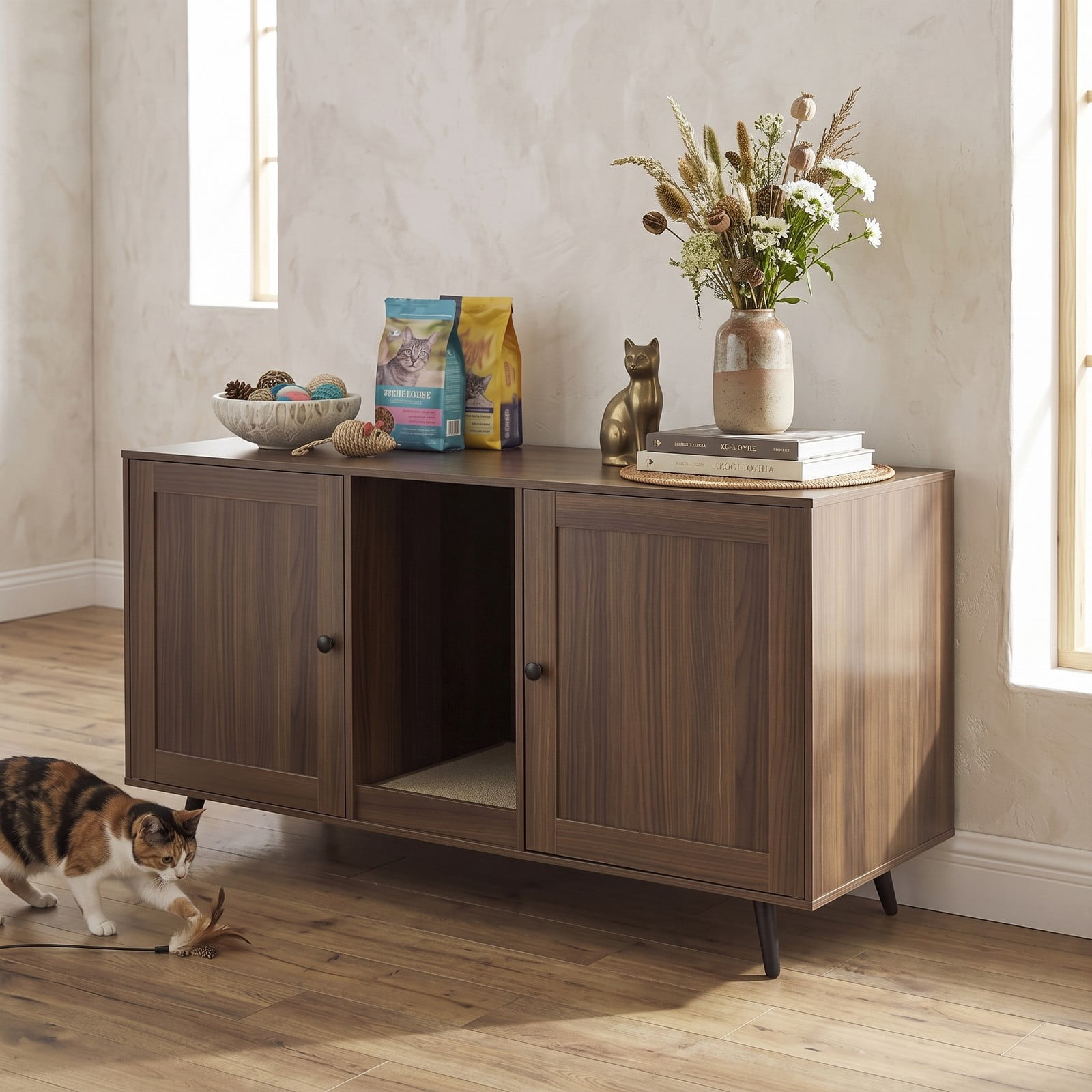 ALPULON Double Cat Litter Box Enclosure for 2 Cats, Wooden Hidden Cat Washroom Furniture with Scratching Pad and Double Rooms, Enclosed Kitty House Side Table, Walnut