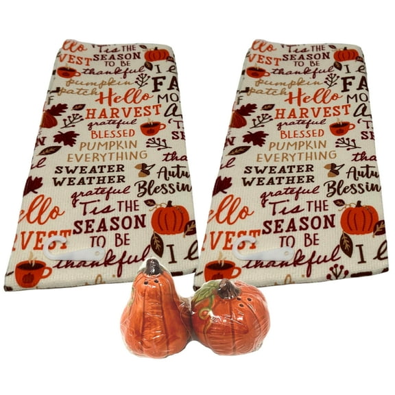 (2) Hello Harvest Themed Towels & (1) Pumpkin Salt and Pepper Shaker Set for Home Kitchen Dining Table Autumn Harvest Thanksgiving Housewarming Party Gift Seasonal Holiday Cooking Decoration Supplies