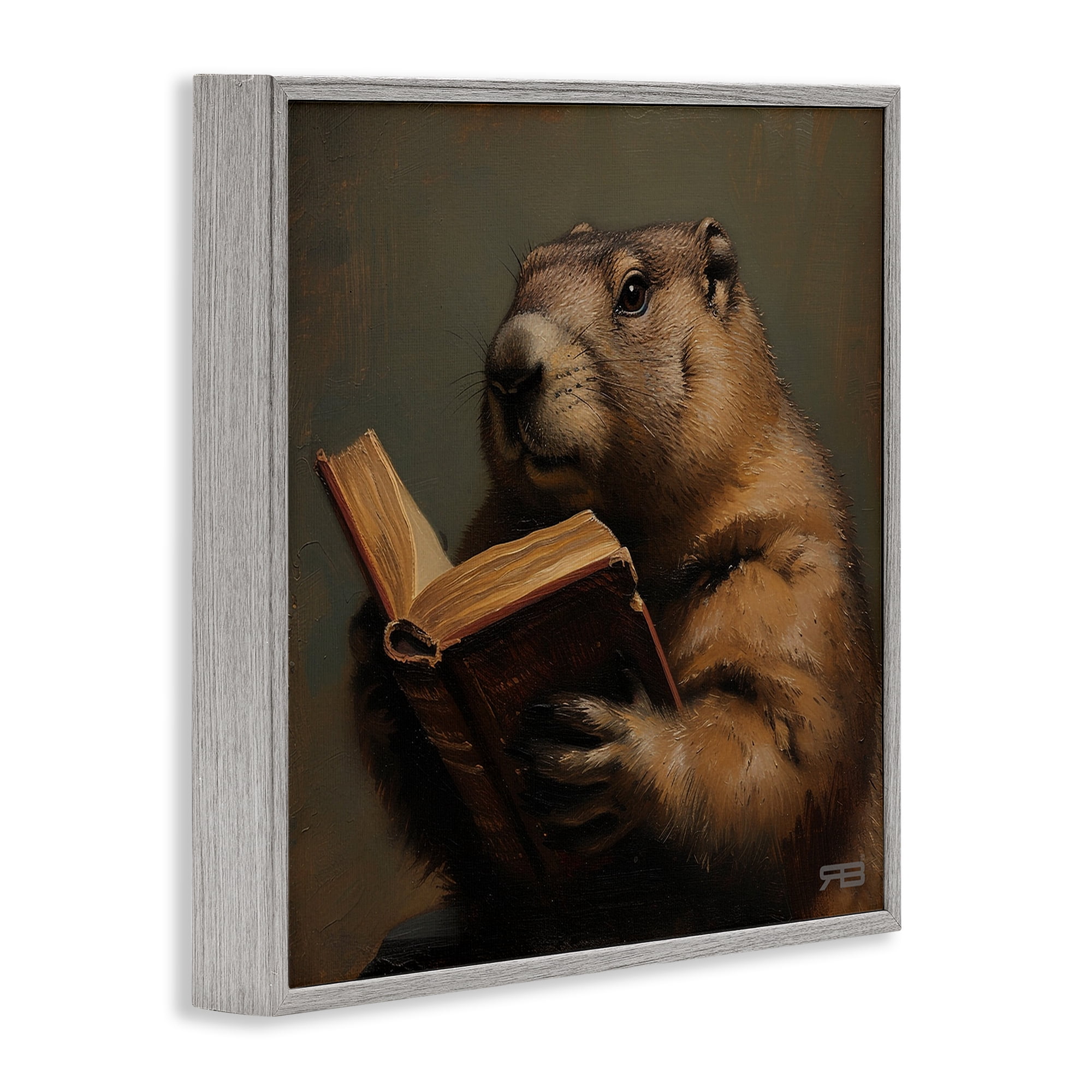Stupell Industries Groundhog Reading Book Animals & Insects Painting Gray Framed Art Print Wall Art, 24 x 24