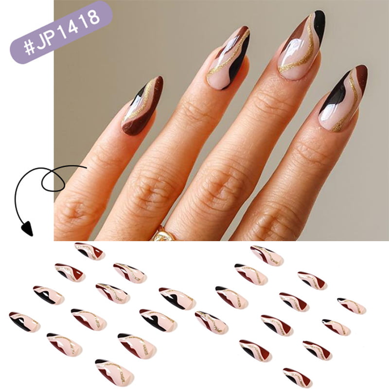 24PCS Red Black Lines Fake Nails Long Pointed Head Sweet Style Press on  Nails Wearable Finished Nail Piece with Jelly Gel New 