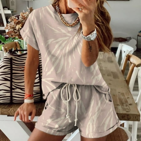 

LnjYIGJ Workout Sets for Women Women s Tie-dye Gradient Color Pajamas Short-Sleeved Loungewear Set Homewear