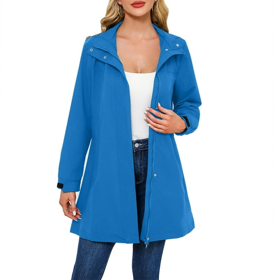Womens Waterproof Trench Coats Detachable Hood Long Windbreaker Raincoat Lightweight Zipper Fall Hiking Jackets Blue, L
