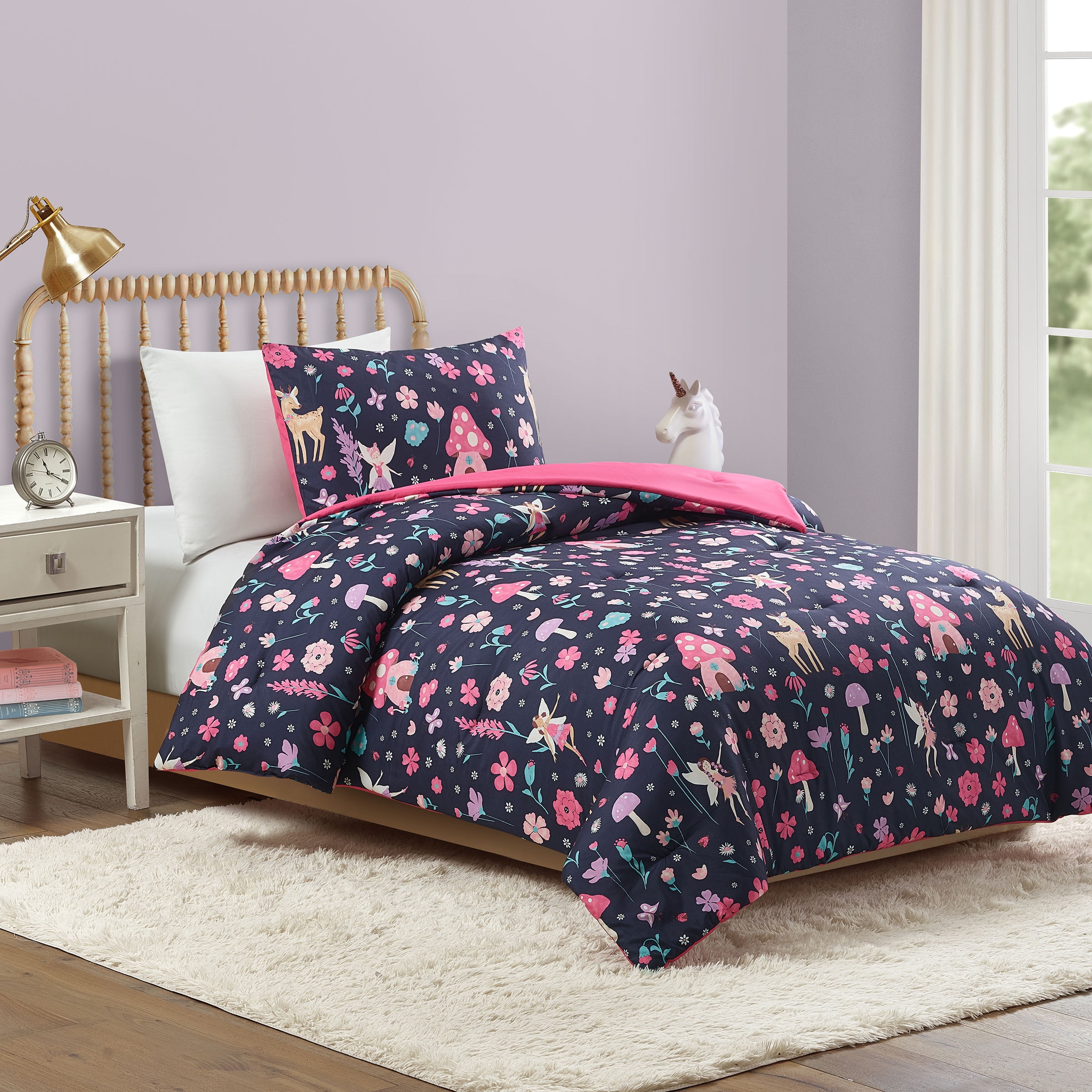 Urban Playground Kids Fairy Garden 2-Piece Comforter Set, Navy/Pink, T/TXL