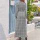 thumbnail image 3 of Vestido largo de manga larga con cuadros de ventana (blanco/gris), elegante y bonito, para mujer, 3 of 5