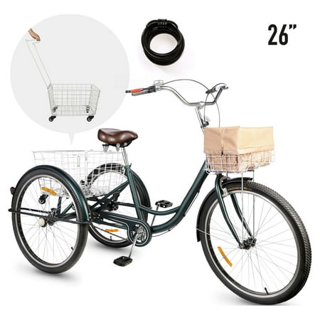 3-Wheeled Adult Tricycle with Foldable Basket, 26" Wheels, For Men and Women, Cruise Bike, Exercise Bike for Recreation and Shopping, Water-Proof Bag and Classic Bicycle bell