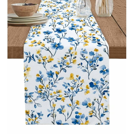 

Table Runner Dresser Scarf 13 x 120 Inch Spring Watercolor Blue and Yellow Flower Eucalyptus Leaf Table Runners Non-Slip Heat Kitchen Dining Table Decor for Indoor Outdoor Home Party Decoration