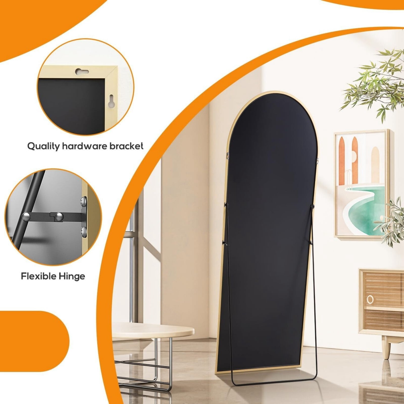 Gleamira 64"x21" Arch Full Length Mirror Floor Mirror Free Standing Mirror with Metal Frame, Gold
