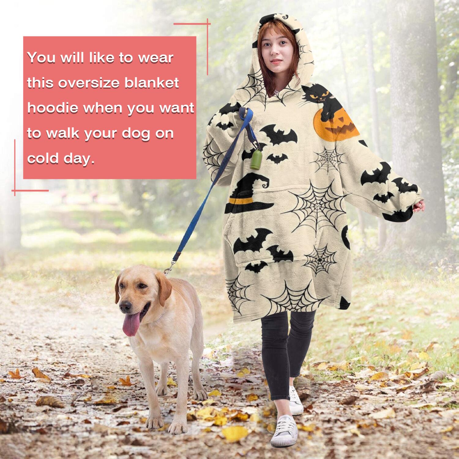 Wearable Oversized Blanket,Black Cat Pumpkin Halloween Pattern Wearable Blanket Hoodie for Adults,Cozy Hooded Blankets with Super Pockets,Super Warm Fuzzy Pullover for Women & Men