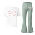 thumbnail image 6 of Girls Spring Outfits 2 Piece Sets Bow Print Outfit Short Sleeve Graphic Tees Shirt and Flare Pants Cozy Clothes Light Green, 6 of 6