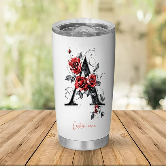 Custom Floral Initial A Tumbler 20oz, Personalized Stainless Steel Coffee Mug with Lid, Travel Cup for Bridesmaids, Sister, Mother's Day, Birthday, Flower Lovers