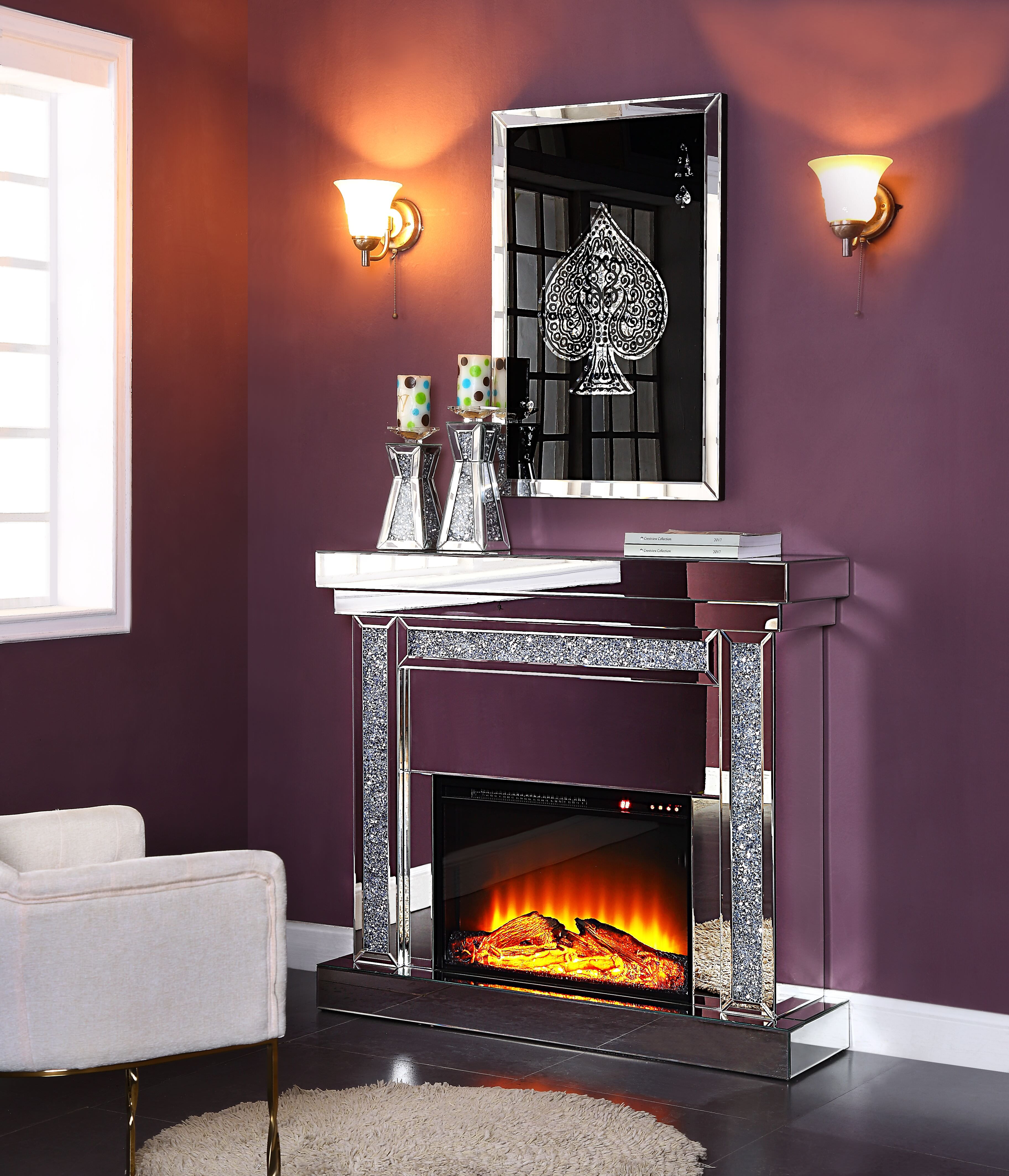 Acme Furniture Noralie Indoor Fireplace Console in Mirrored and Faux