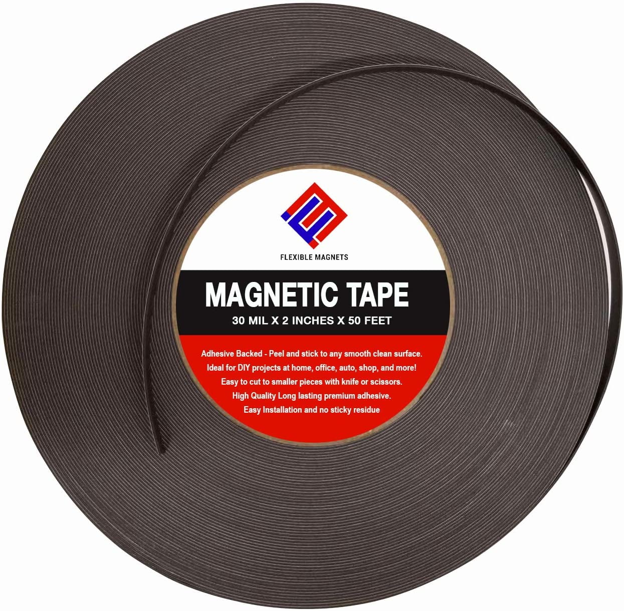 Magnetic Tape Roll with Adhesive Backing - Strip of Peel and Stick Magnets  - Super Strong & Sticky by Flexible Magnets (30 mil x 2 inch x 50 feet)